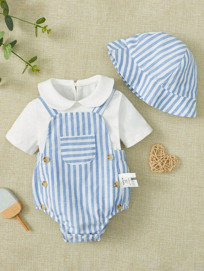 Boys Summer 3 Piece Set – Striped Overalls 