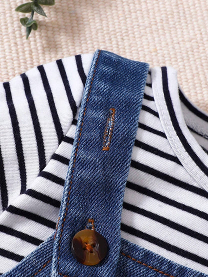 Baby Boys Summer Set – Striped T-shirt &amp; Plush Bear Suspender Shorts 