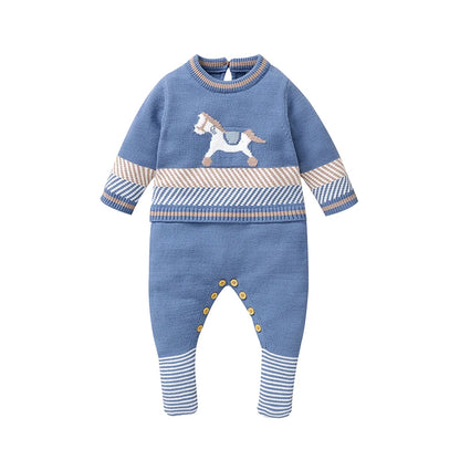 Knitted Baby Romper Long Sleeve - Autumn &amp; Winter Blue 