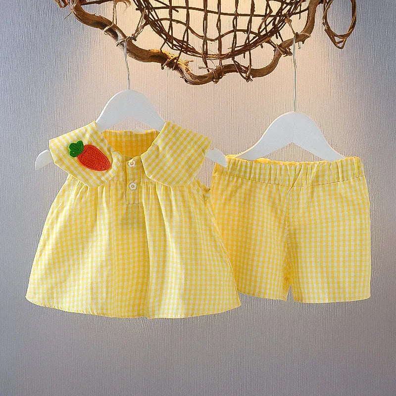 2 Piece Baby Girl Summer Set – Fruity Top &amp; Plaid Skirt 