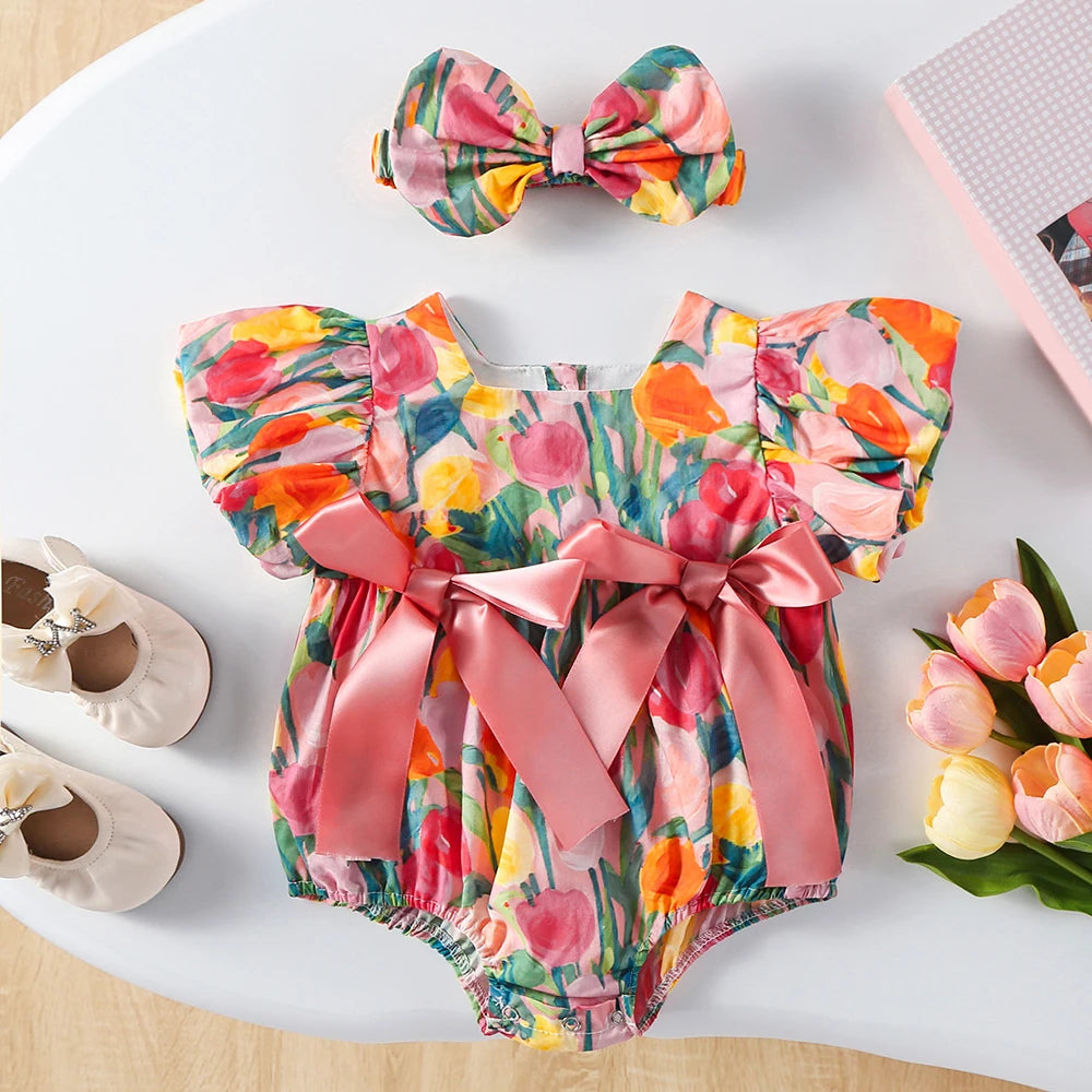 Tulip Romper Set – Girls Bodysuit with Headband 