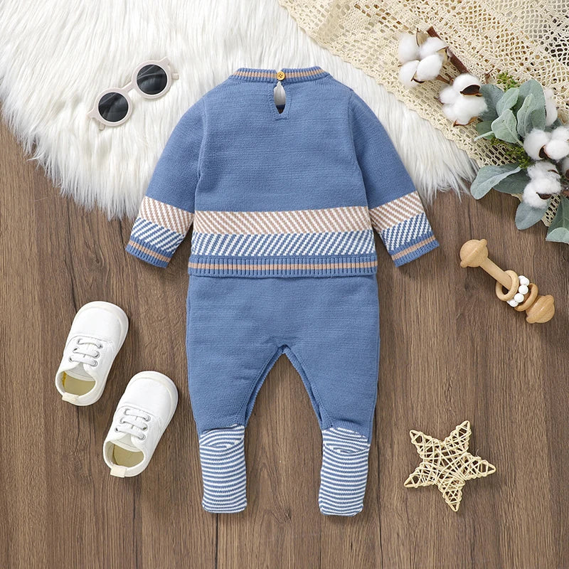 Knitted Baby Romper Long Sleeve - Autumn &amp; Winter Blue 