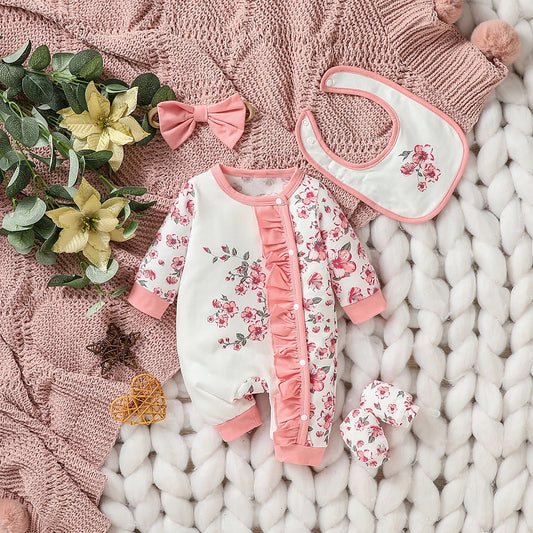Baby-Mädchen-Jumpsuit-Set mit Blumenmuster und langen Ärmeln